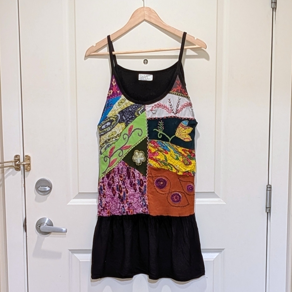 Boho Patchwork Sleeveless Tank Dress - Black with Multicolor Patchwork